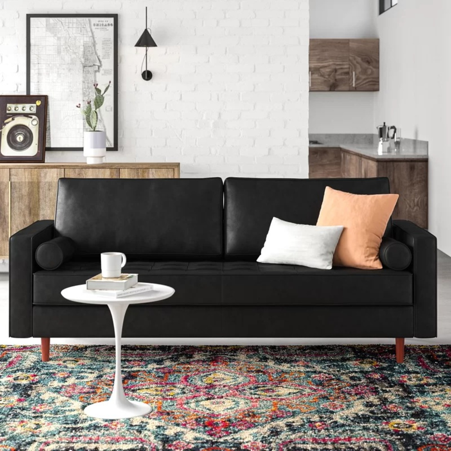 AllModern Geo 84" Genuine Leather Sofa with Pillows - image-3