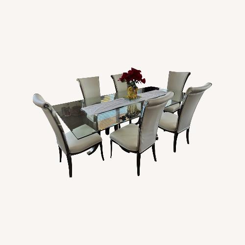 Used 8ft Glass Dining Table with White Leather Chairs for sale on AptDeco