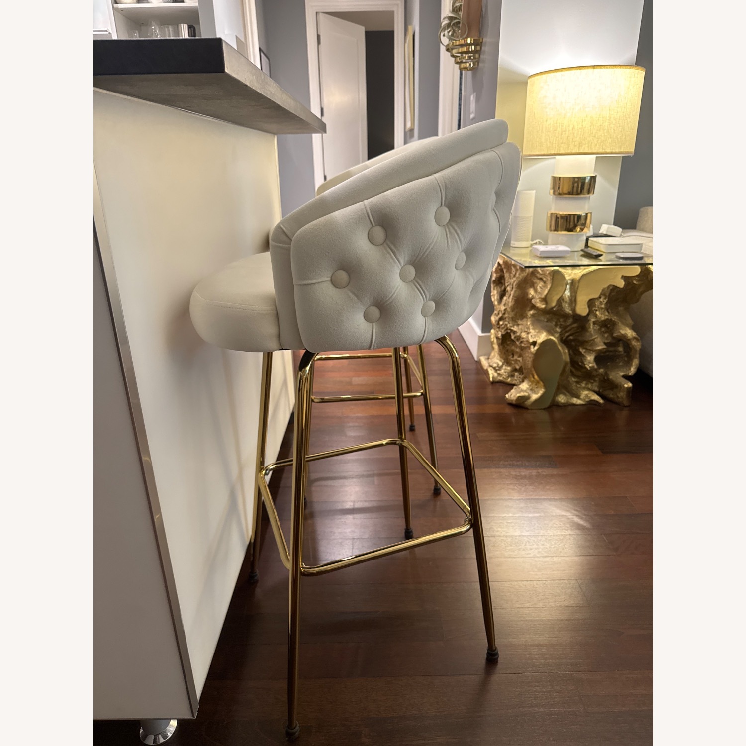 White Tuft Velvet Swivel Bar Stool - image-5