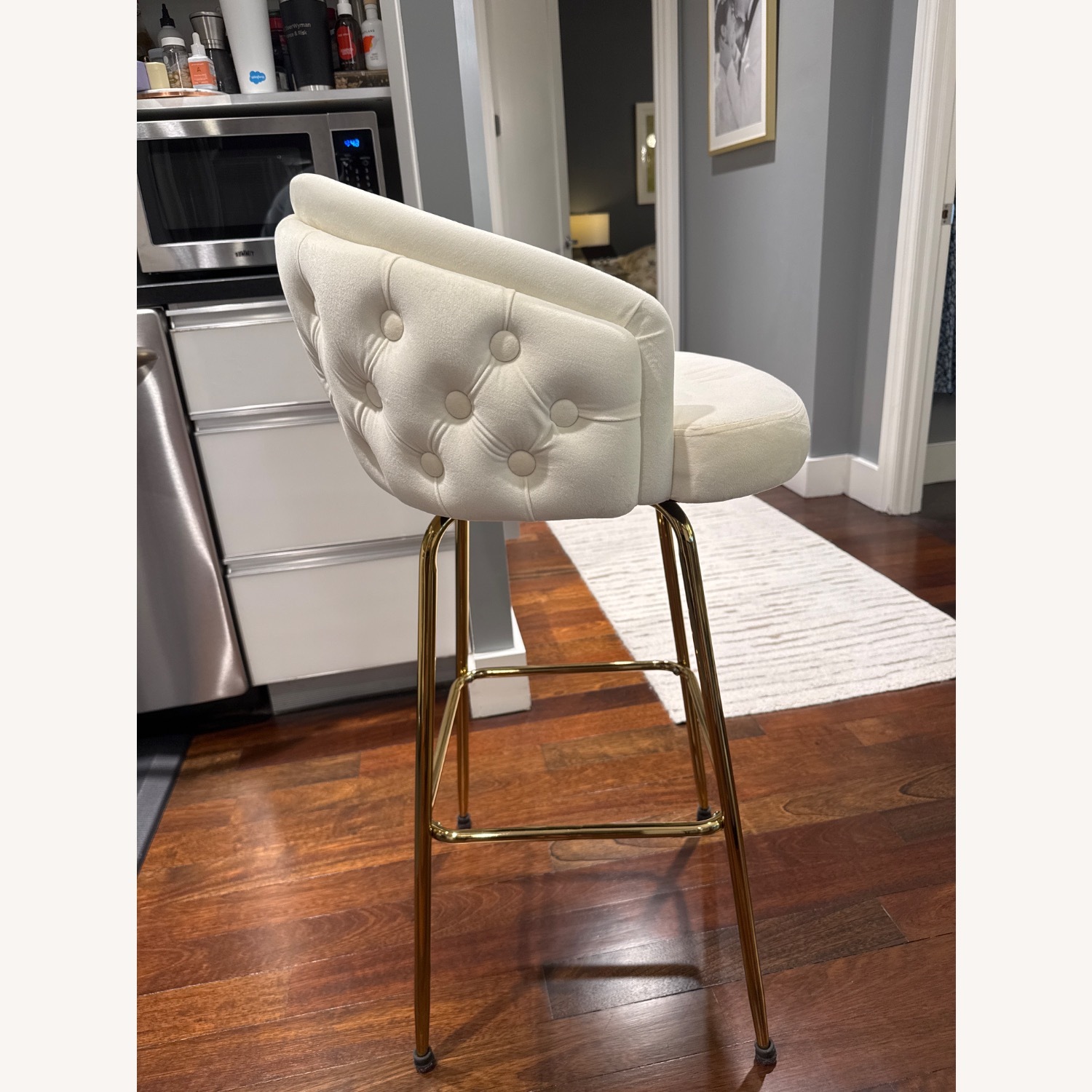 White Tuft Velvet Swivel Bar Stool - image-1