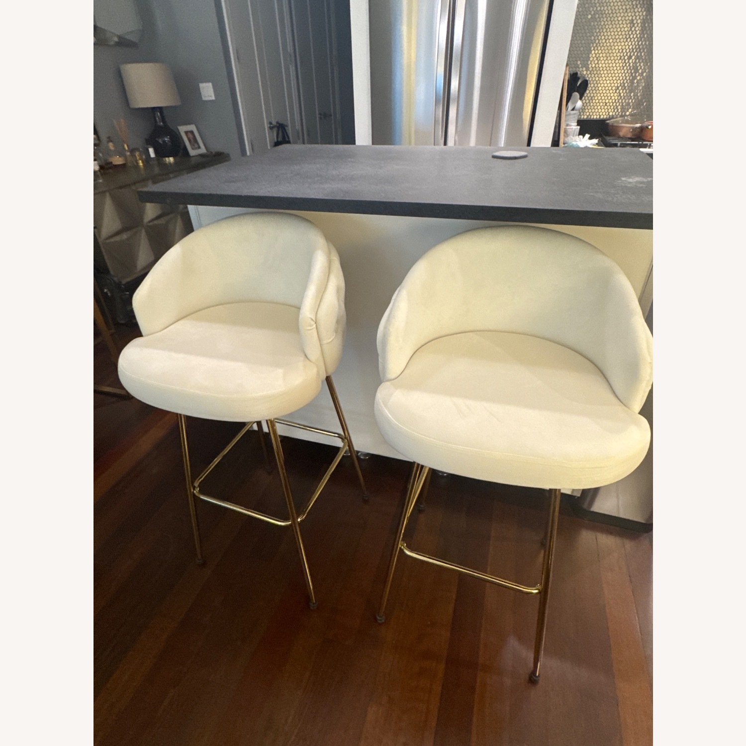 White Tuft Velvet Swivel Bar Stool - image-6