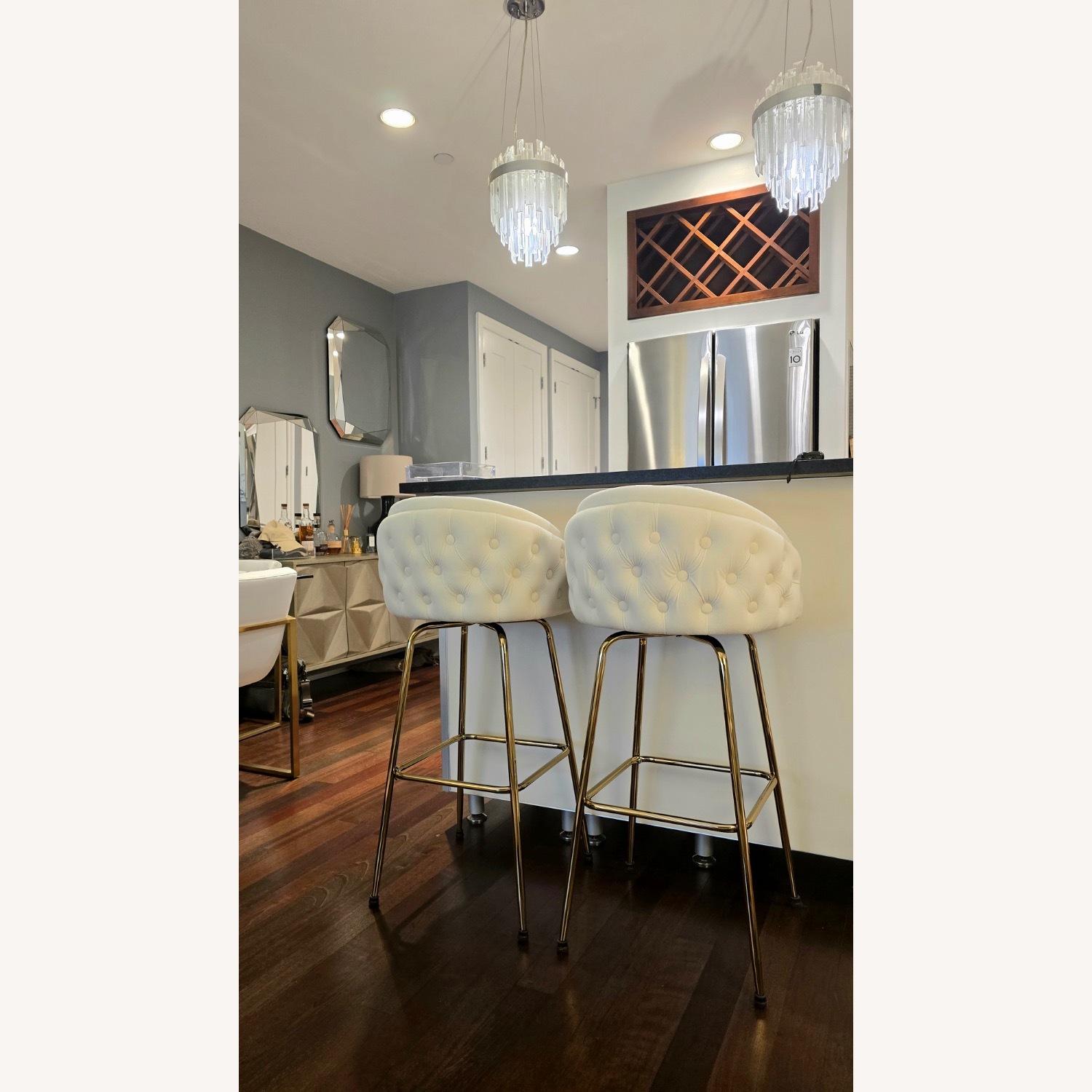 White Tuft Velvet Swivel Bar Stool - image-3