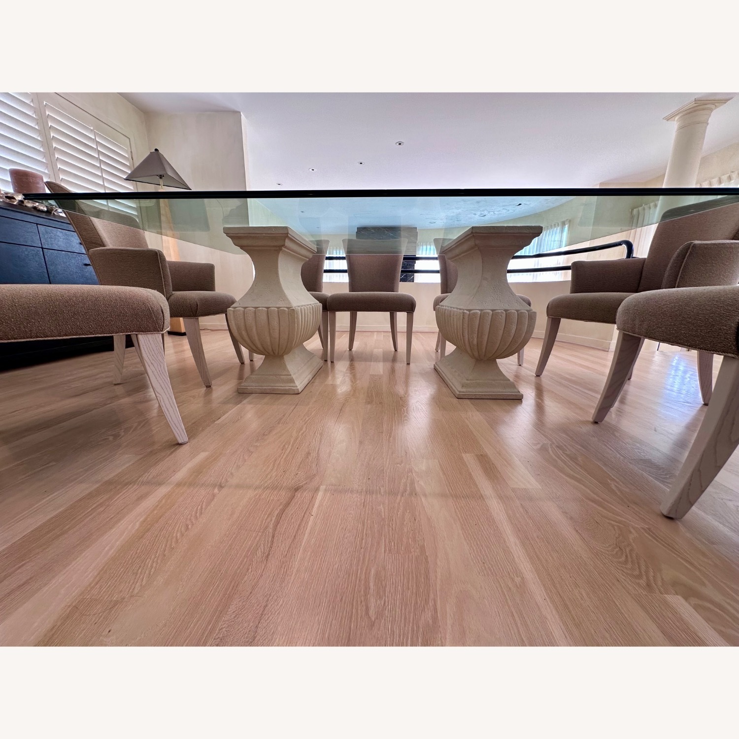 Glass Dining Table w Stone Pedestals & 8 Chairs - image-3