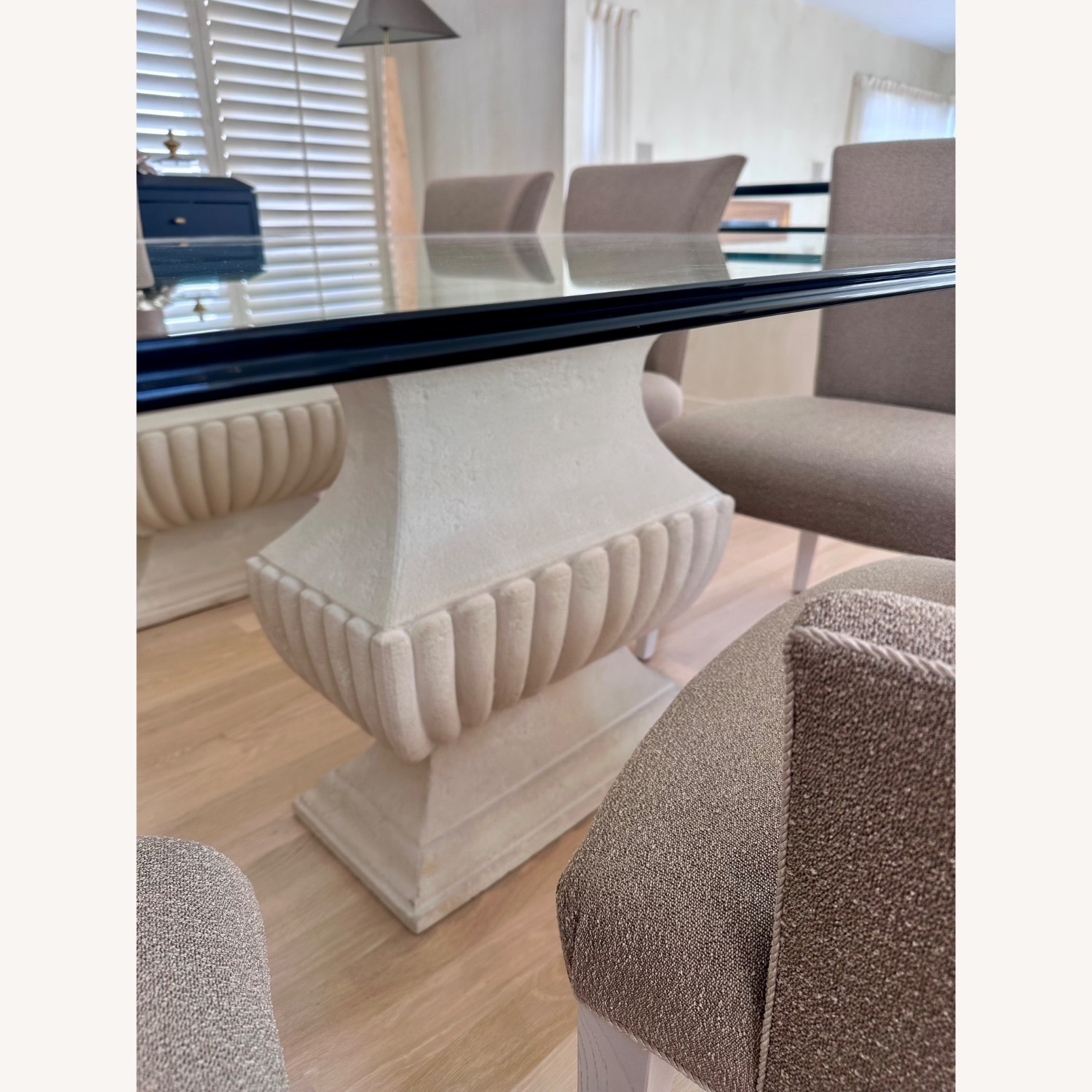 Glass Dining Table w Stone Pedestals & 8 Chairs - image-8
