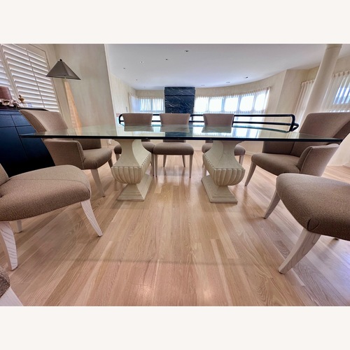 Used Glass Dining Table w Stone Pedestals & 8 Chairs for sale on AptDeco