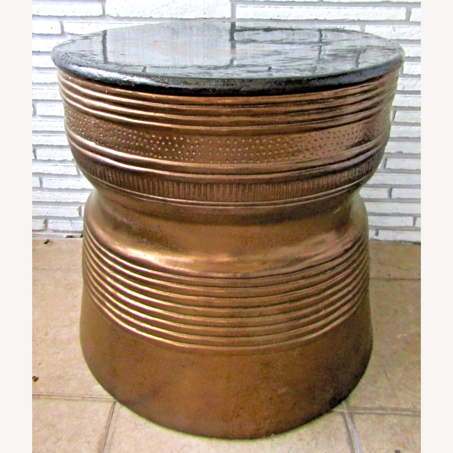 Vintage Asian Bronze Rain Drum Side Table - image-1