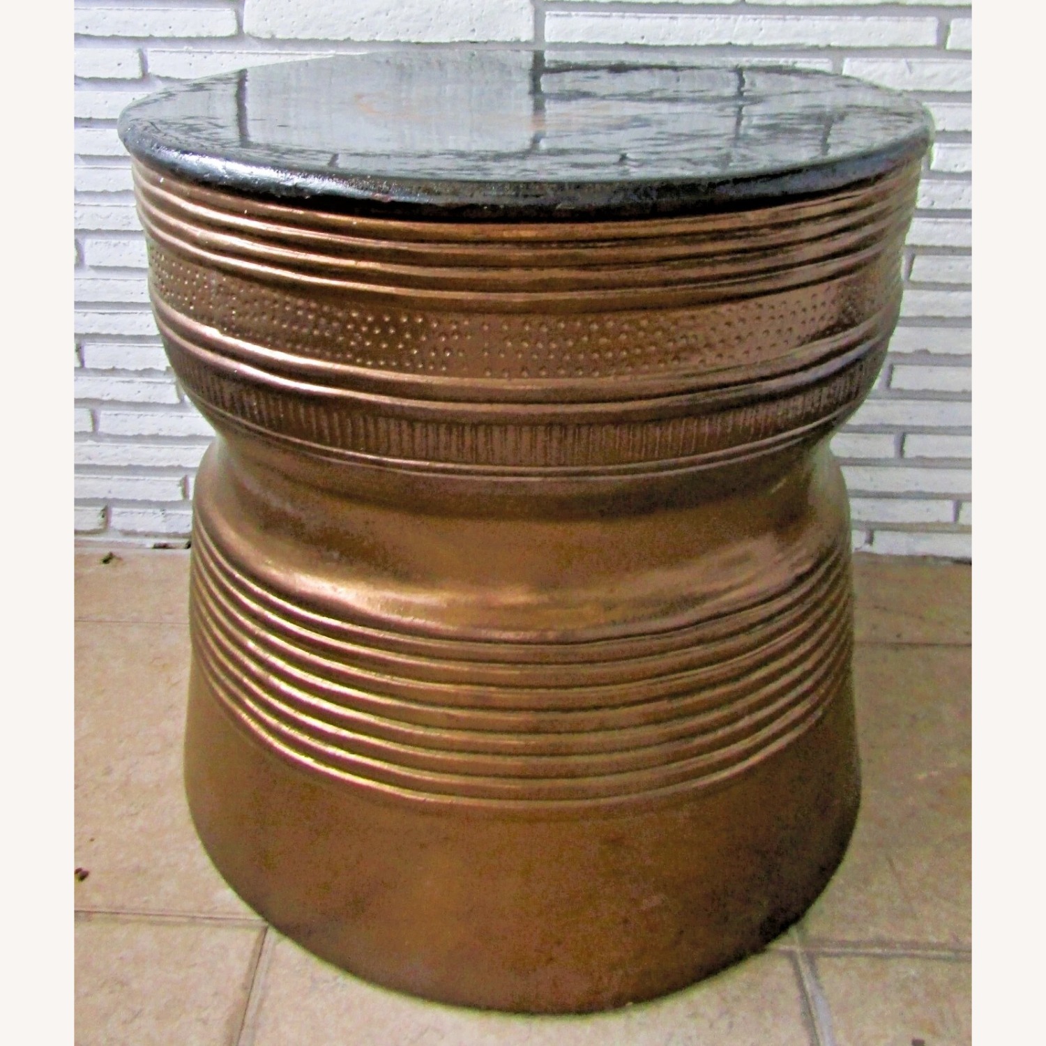 Vintage Asian Bronze Rain Drum Side Table - image-1