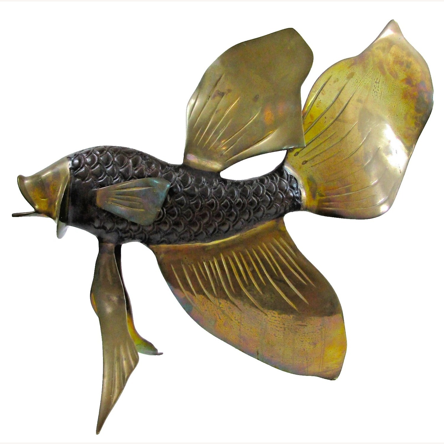 Large Bronze Brass Fighting Fish Sculpture - image-1