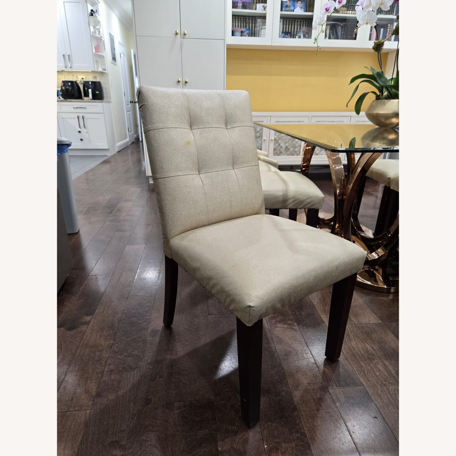 Glass Dining Table Set Gold Chairs and Brass Base - image-6