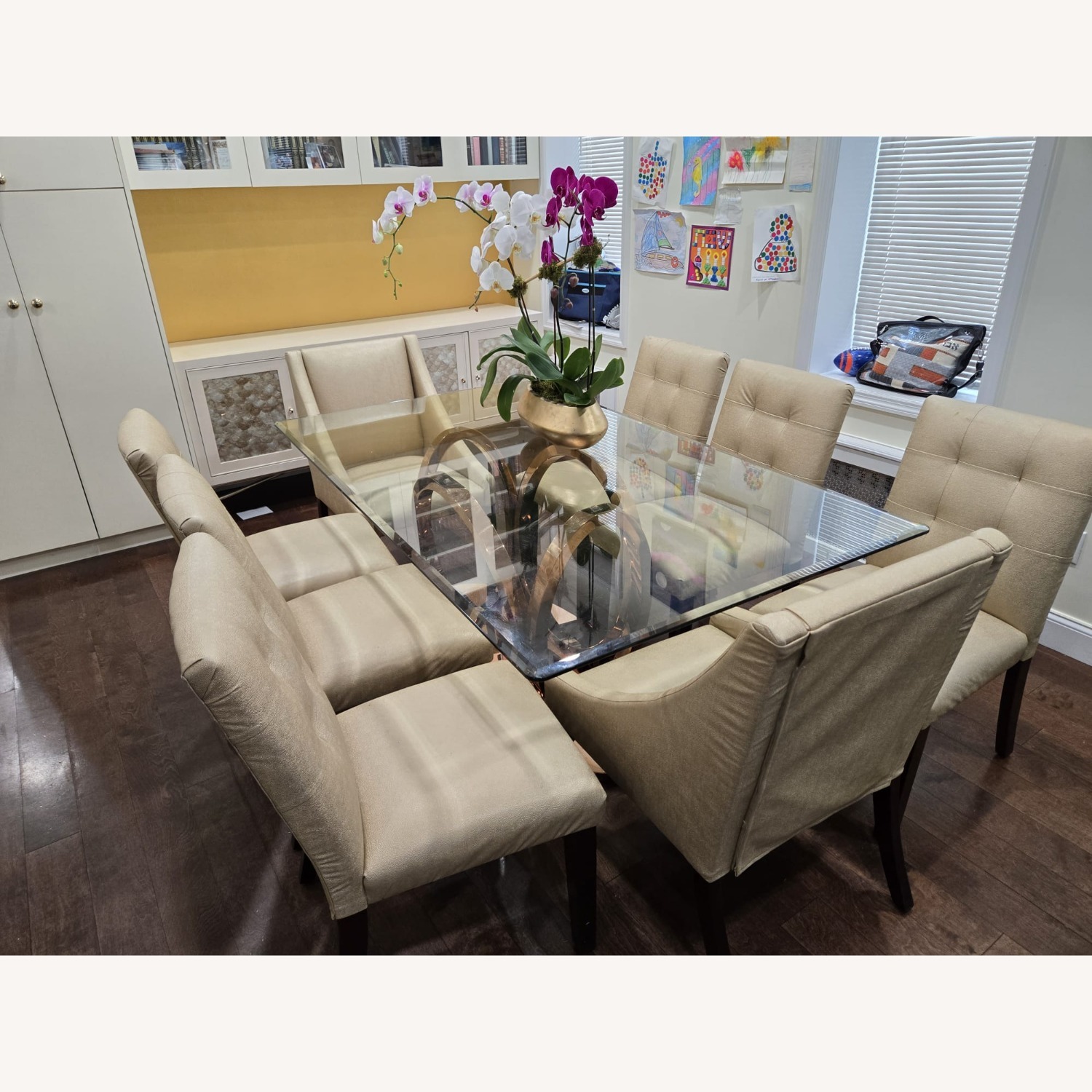 Glass Dining Table Set Gold Chairs and Brass Base - image-3
