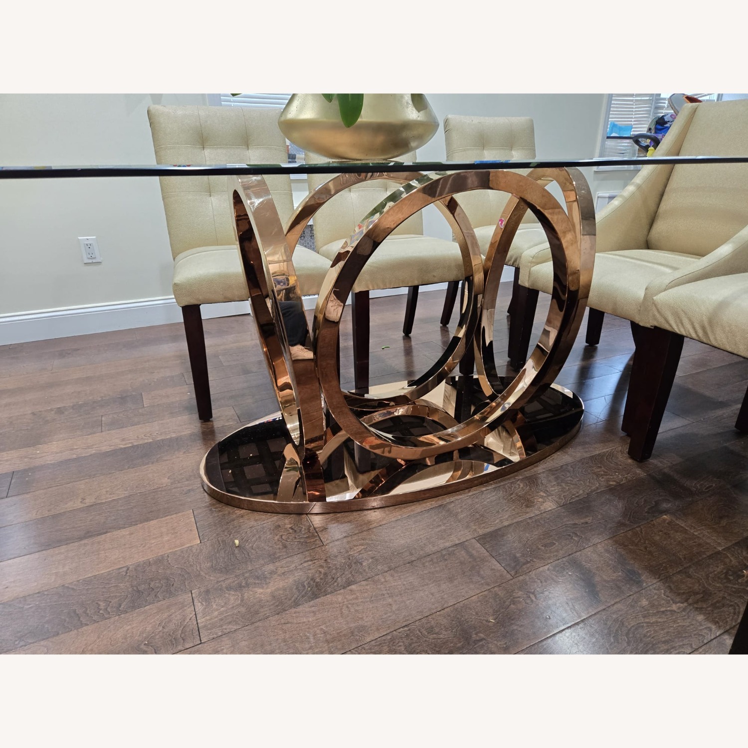 Glass Dining Table Set Gold Chairs and Brass Base - image-1