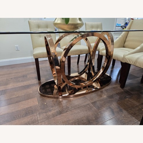 Used Glass Dining Table Set Gold Chairs and Brass Base for sale on AptDeco