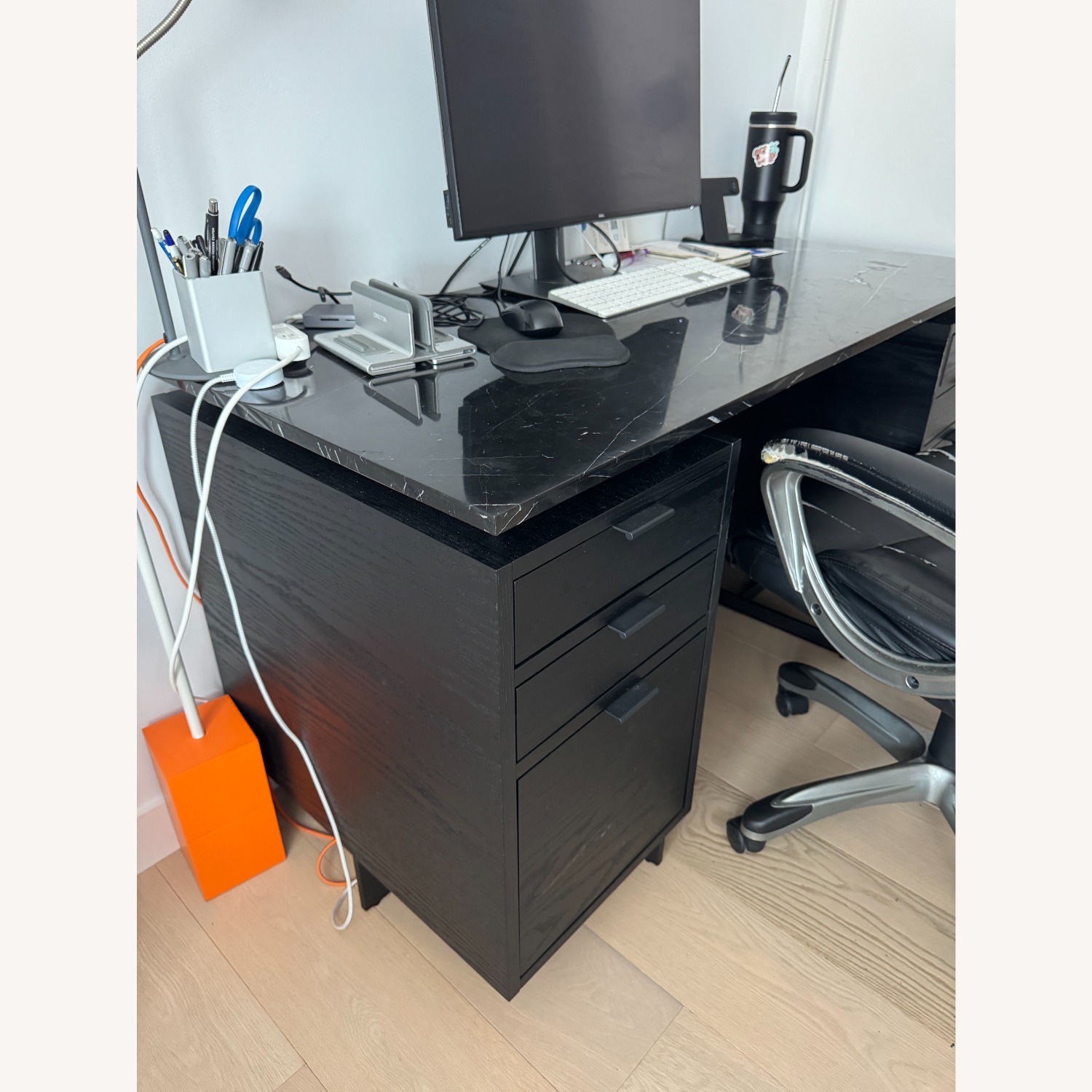 CB2 6-Drawer Black Oak Desk w Black Marble Top  - image-2