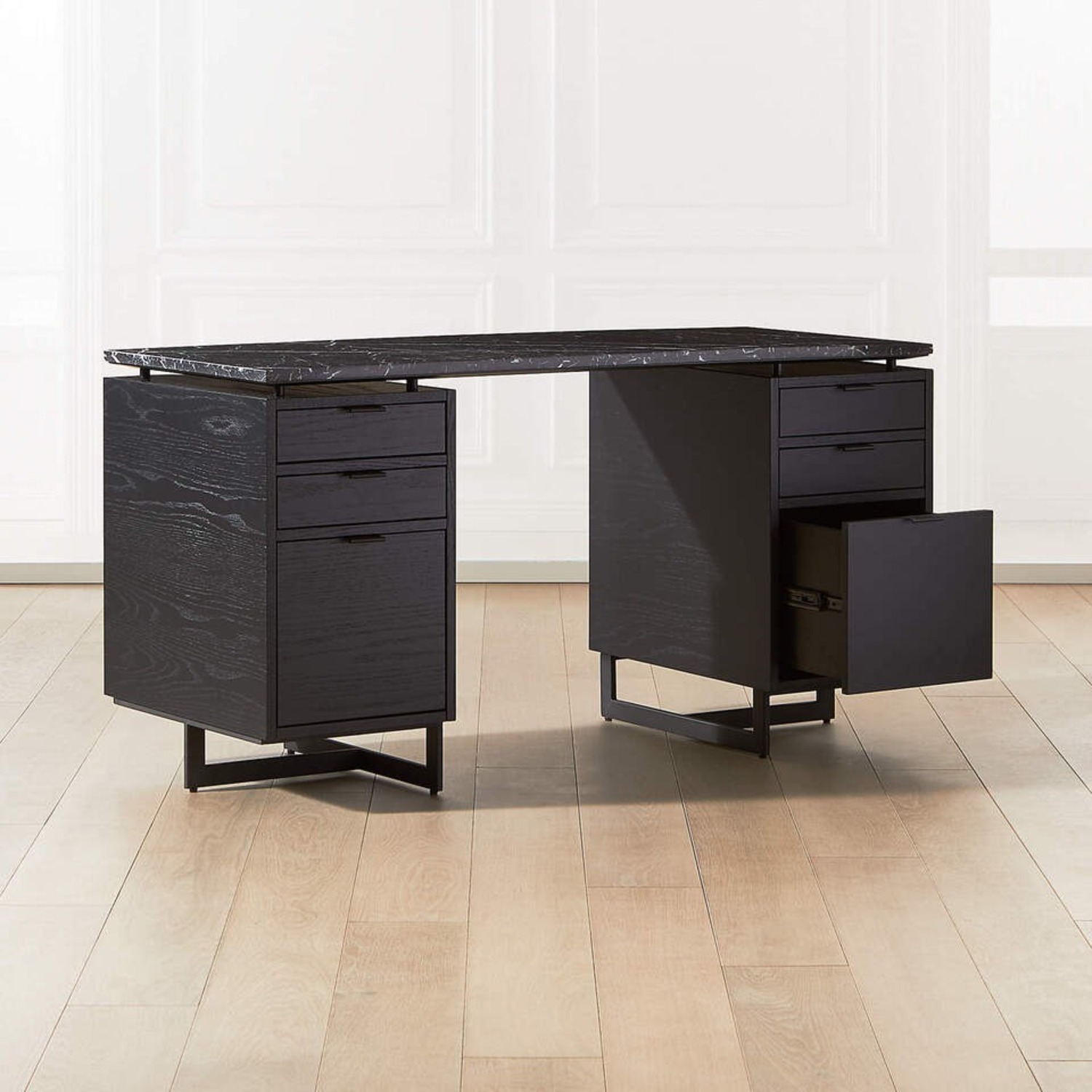 CB2 6-Drawer Black Oak Desk w Black Marble Top  - image-1