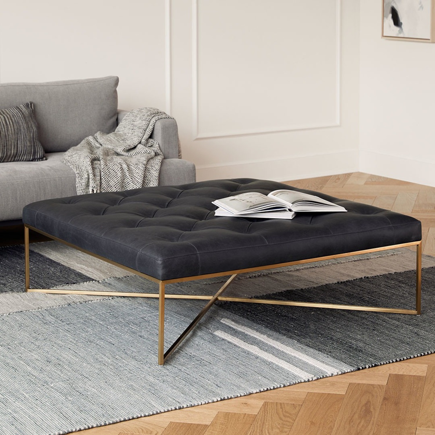 Article Tablet 47" Leather Square Ottoman - Charme Black - image-1