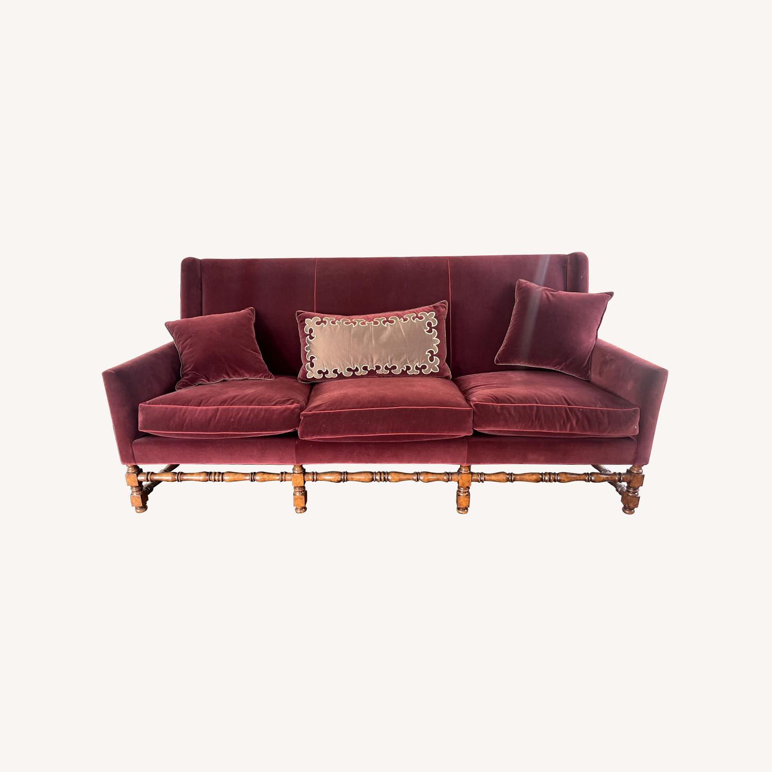 Red Velvet Couch with Artisan Wood Detail - image-0