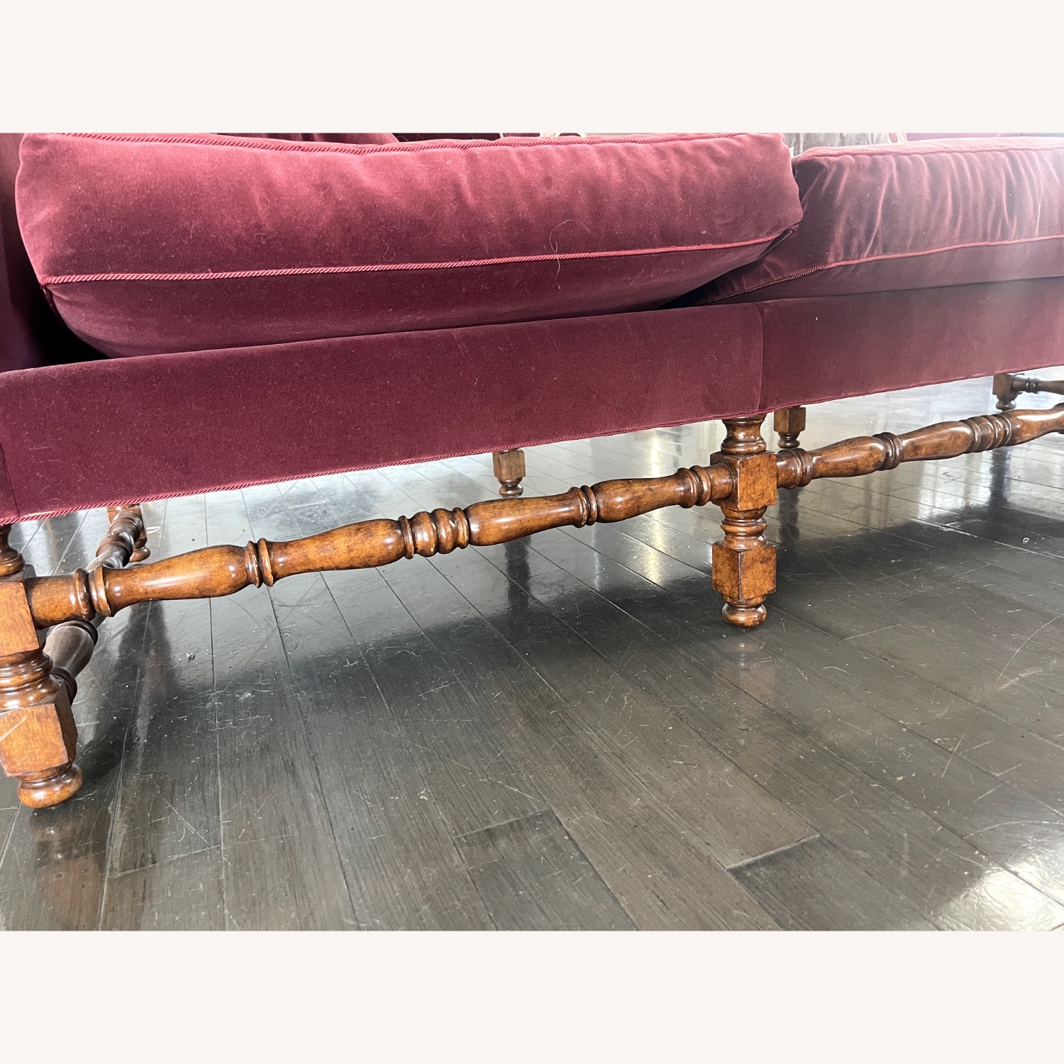 Red Velvet Couch with Artisan Wood Detail - image-5