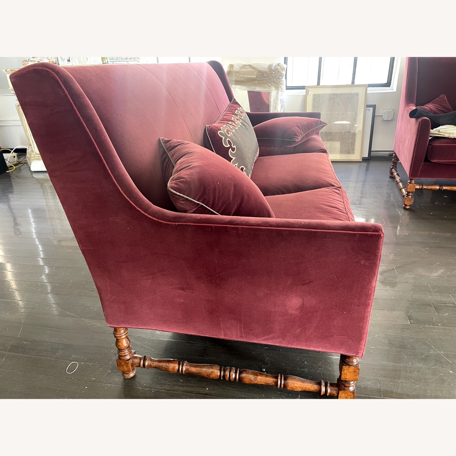 Red Velvet Couch with Artisan Wood Detail - image-3