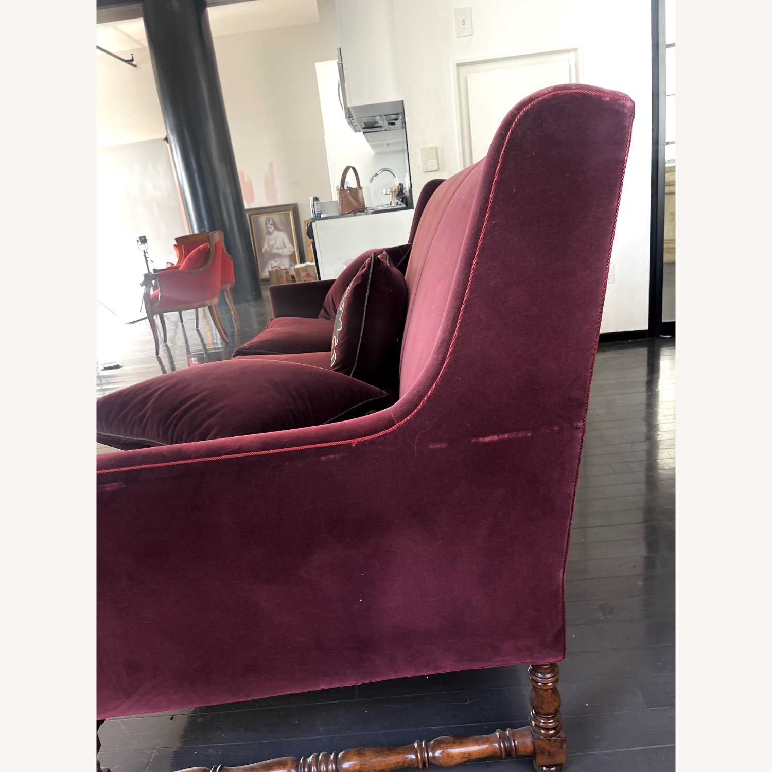 Red Velvet Couch with Artisan Wood Detail - image-4