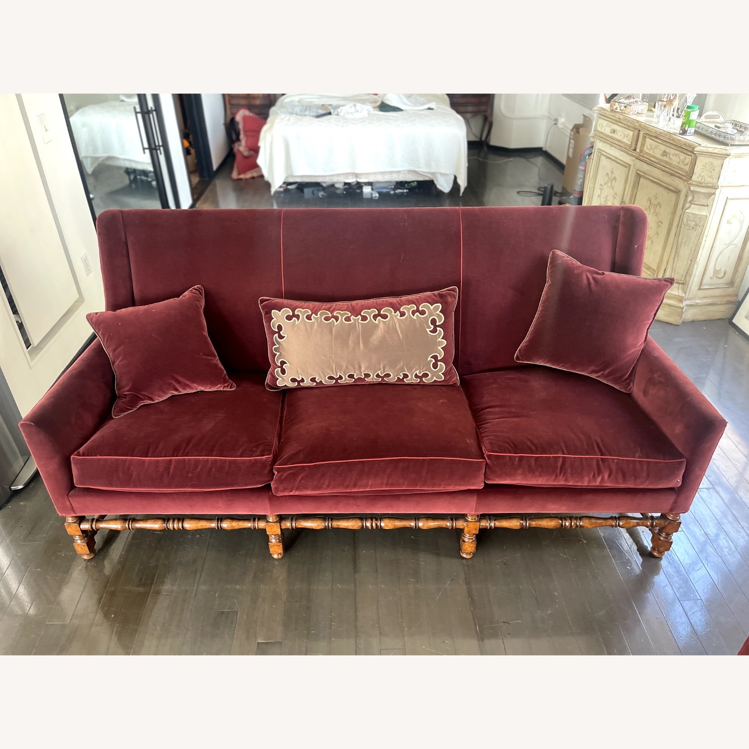 Red Velvet Couch with Artisan Wood Detail - image-2