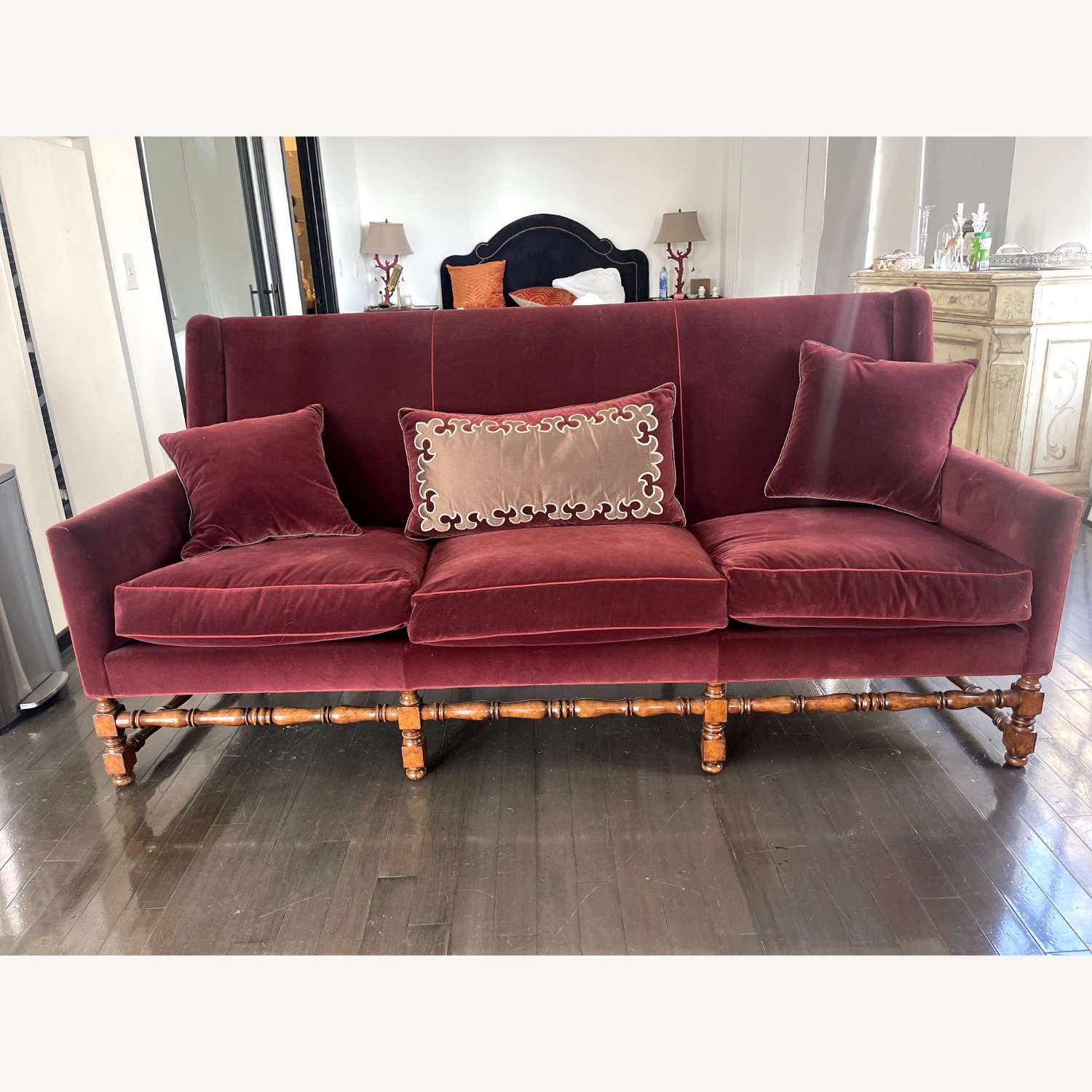 Red Velvet Couch with Artisan Wood Detail - image-1