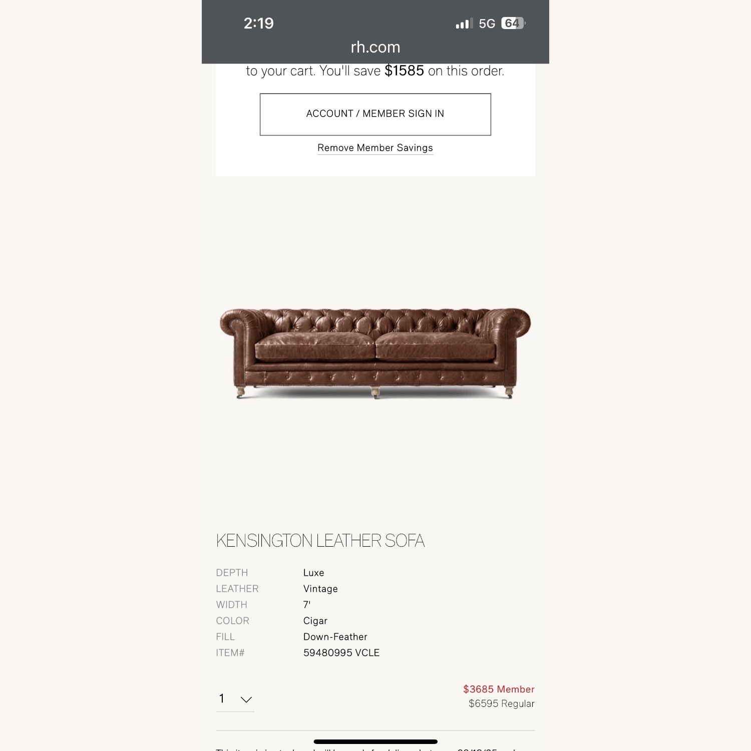 Restoration Hardware Kensington Leather Couch - image-2