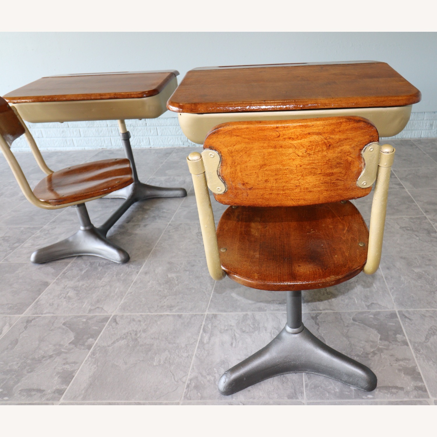 Mid-Century Cast Iron and Oak Swivel School Desks - image-7
