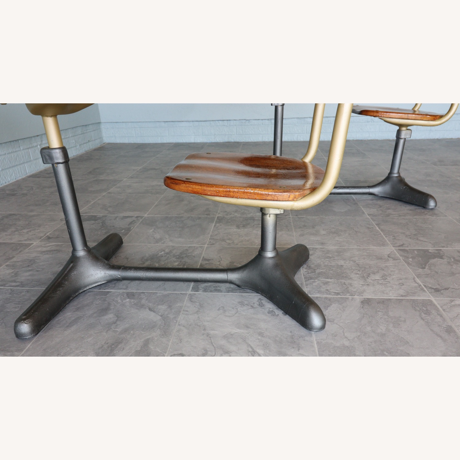 Mid-Century Cast Iron and Oak Swivel School Desks - image-12