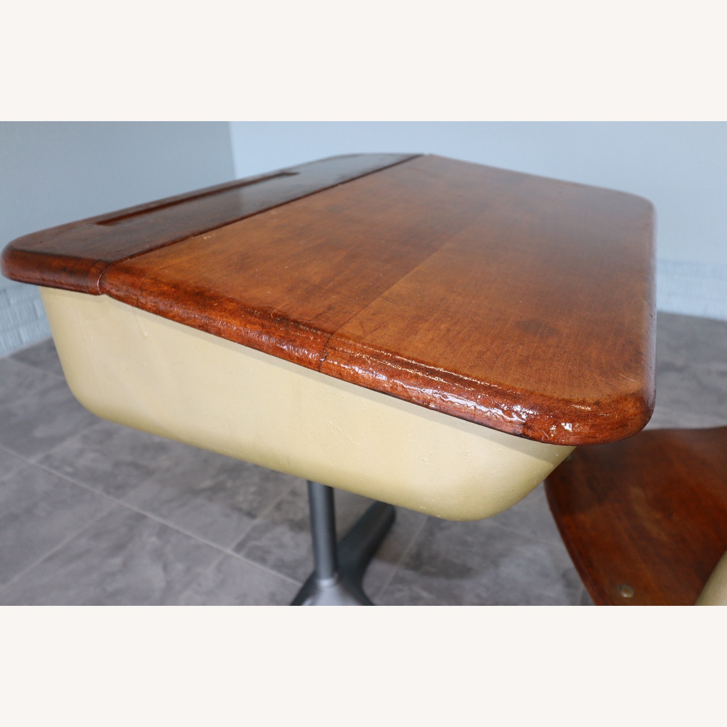 Mid-Century Cast Iron and Oak Swivel School Desks - image-6