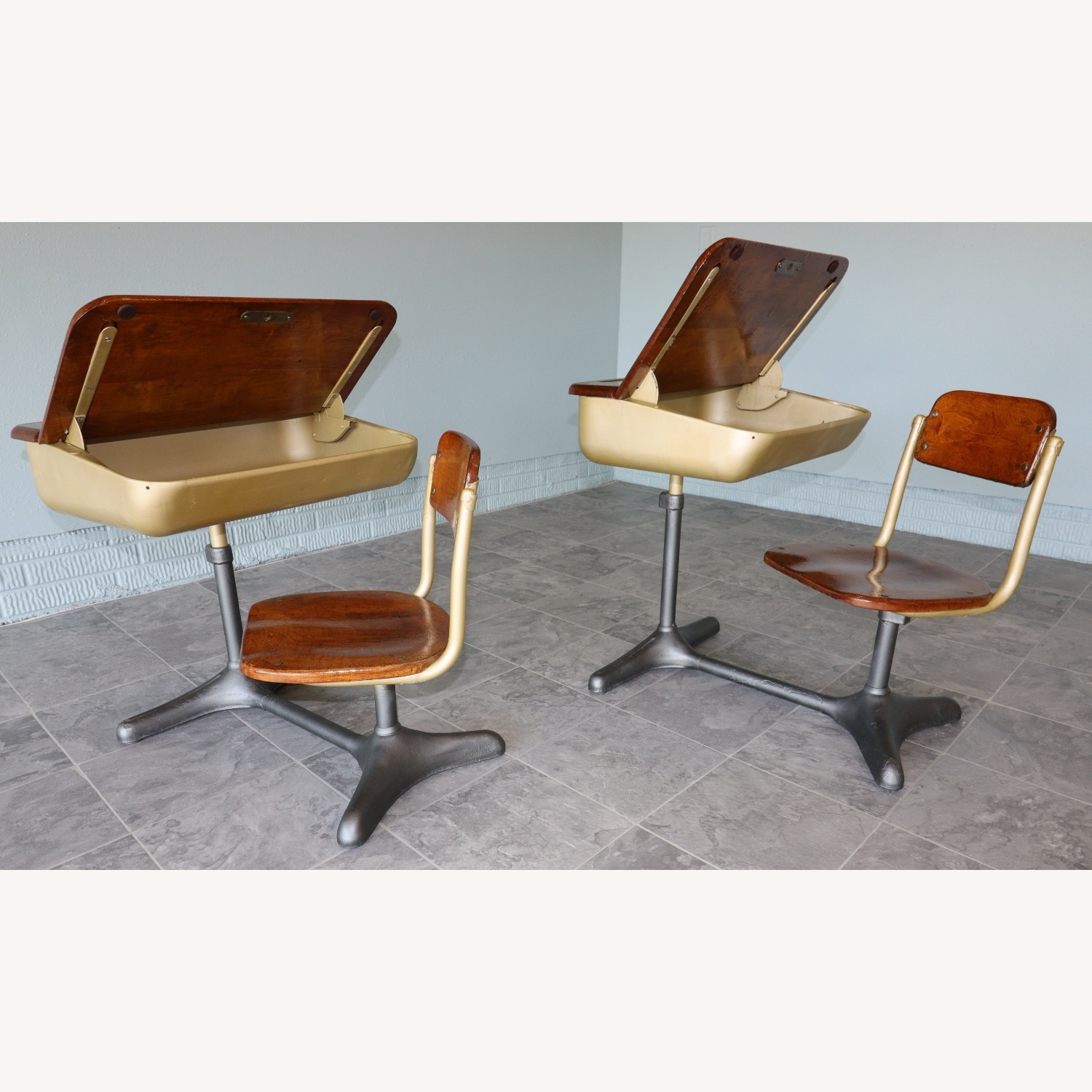 Mid-Century Cast Iron and Oak Swivel School Desks - image-4