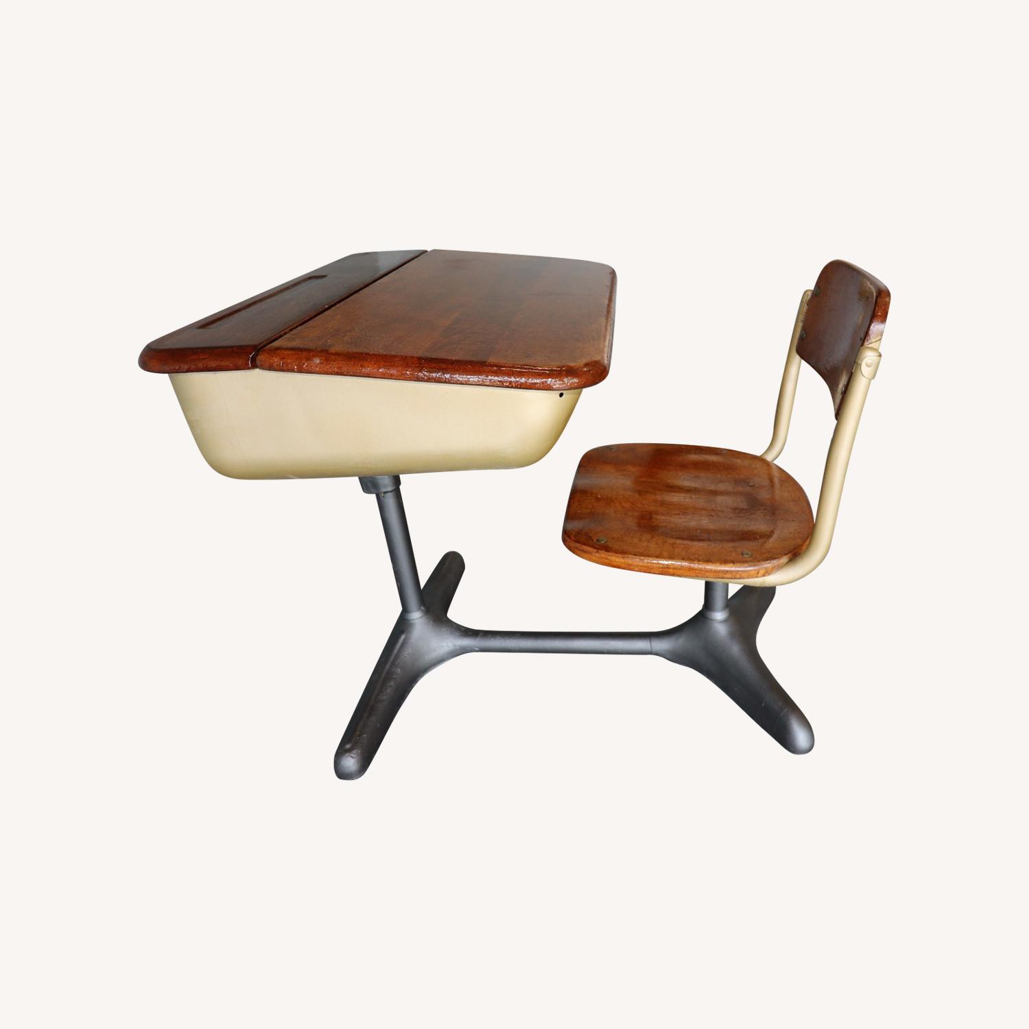 Mid-Century Cast Iron and Oak Swivel School Desks - image-0