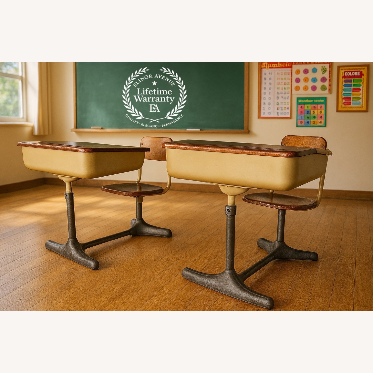 Mid-Century Cast Iron and Oak Swivel School Desks - image-15