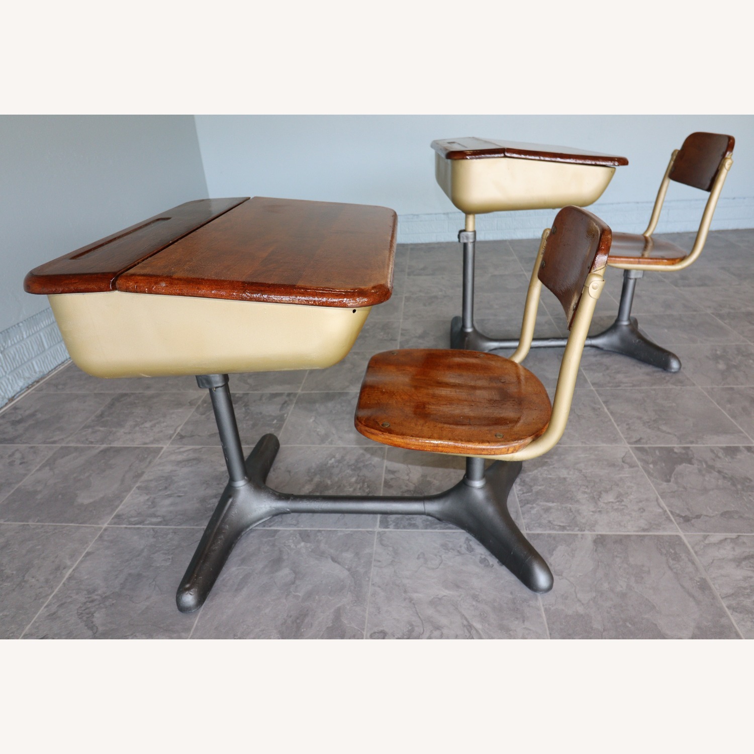 Mid-Century Cast Iron and Oak Swivel School Desks - image-8
