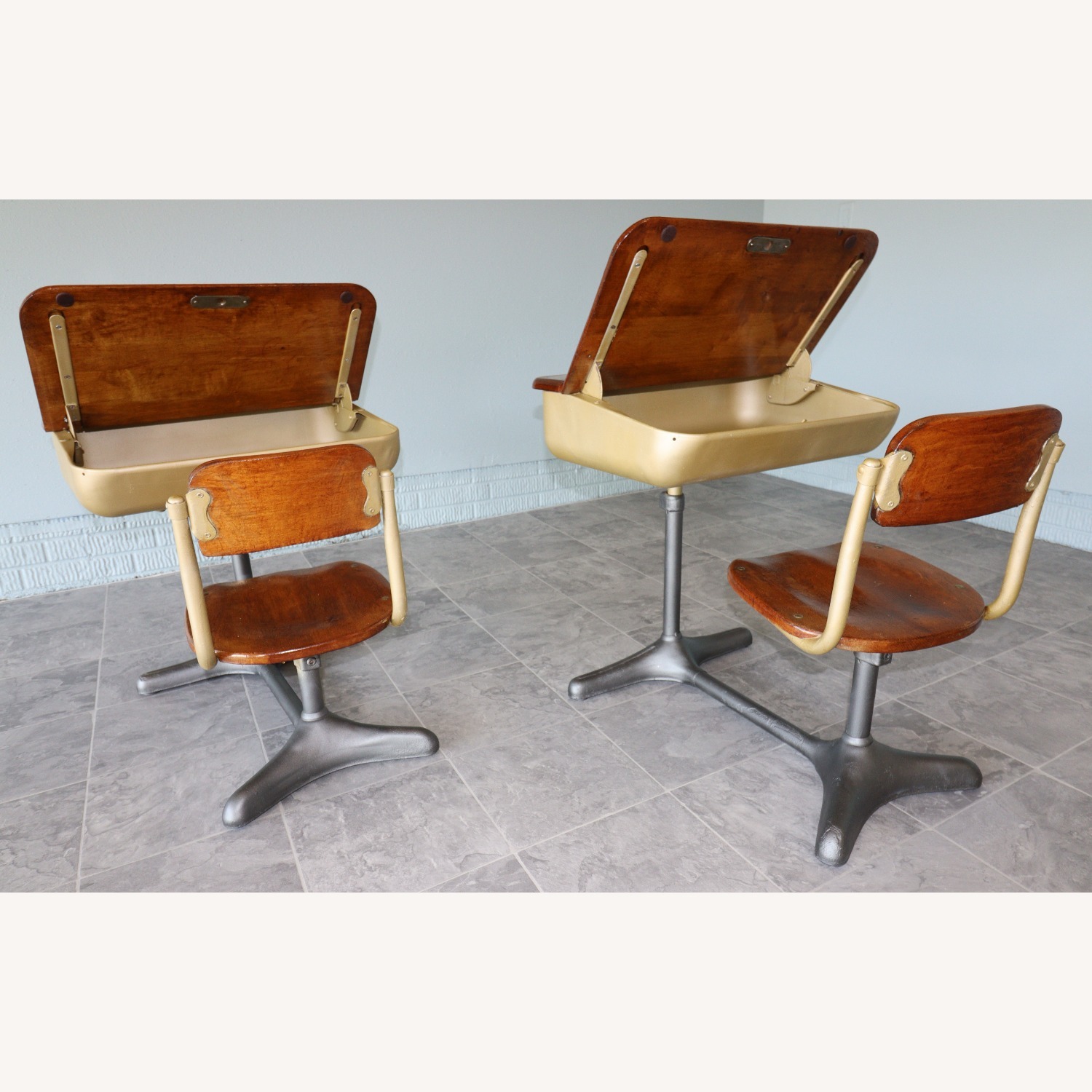 Mid-Century Cast Iron and Oak Swivel School Desks - image-3