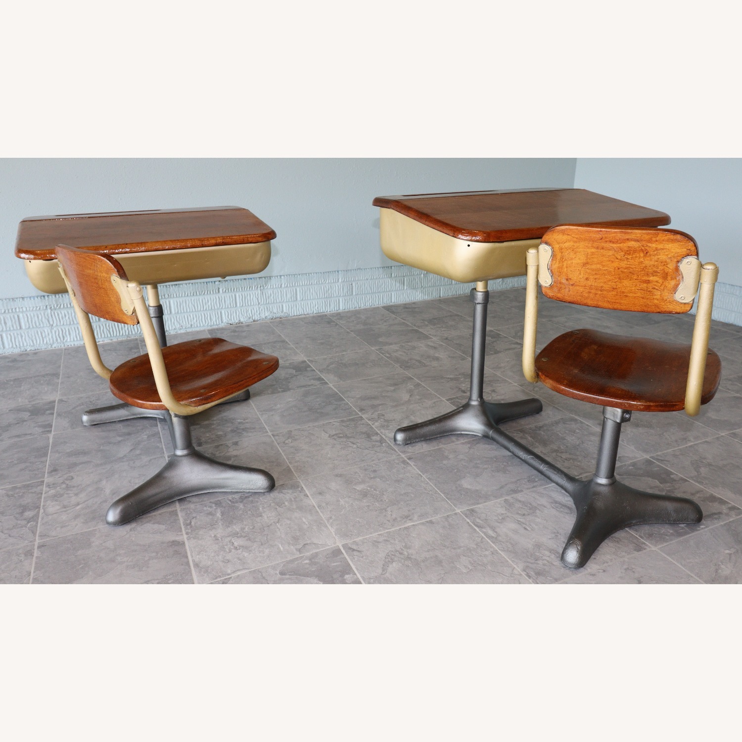 Mid-Century Cast Iron and Oak Swivel School Desks - image-5