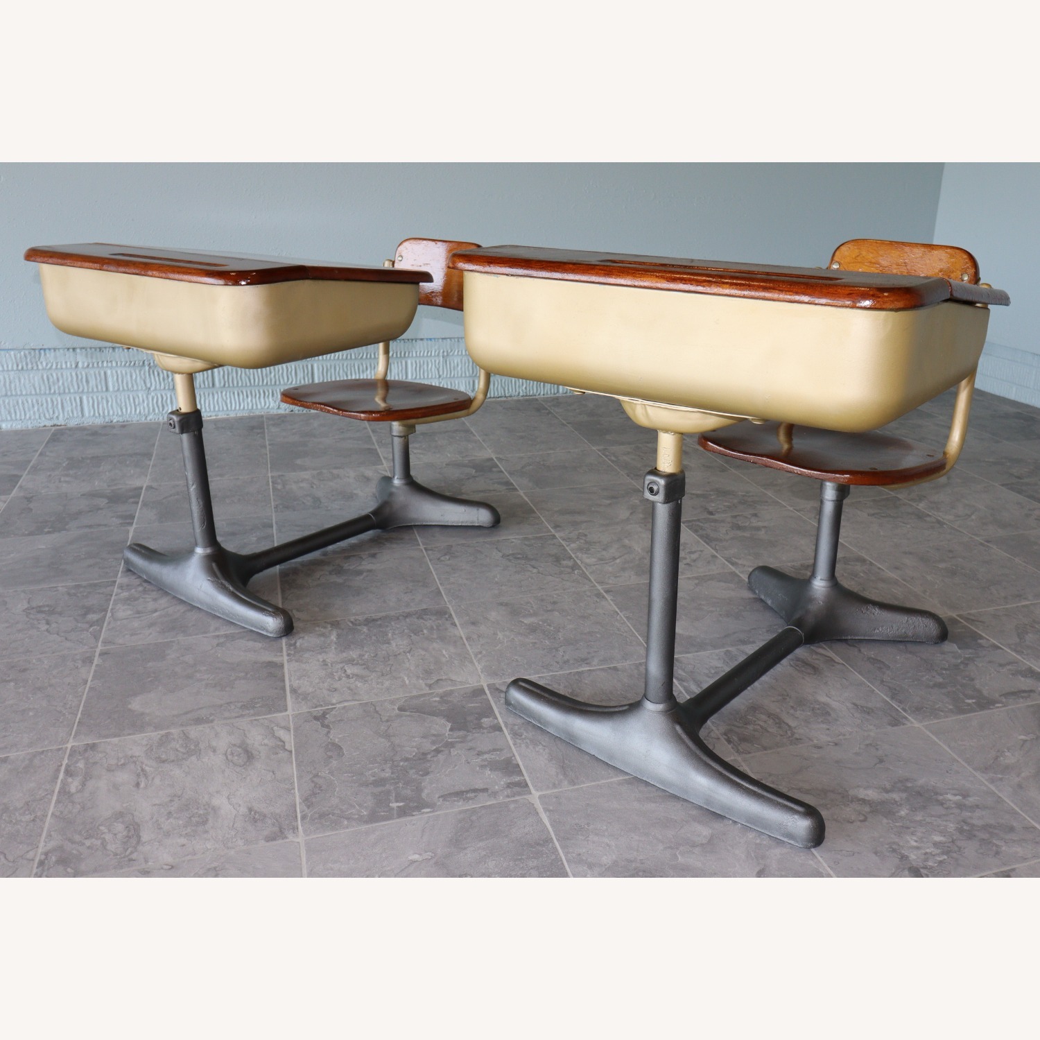 Mid-Century Cast Iron and Oak Swivel School Desks - image-1
