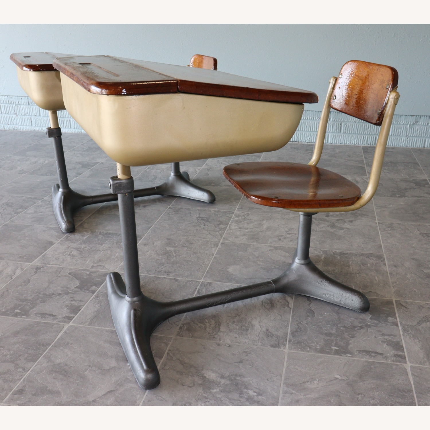 Mid-Century Cast Iron and Oak Swivel School Desks - image-2
