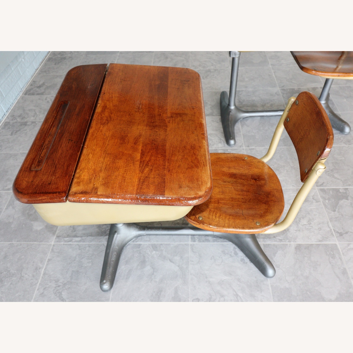 Mid-Century Cast Iron and Oak Swivel School Desks - image-9