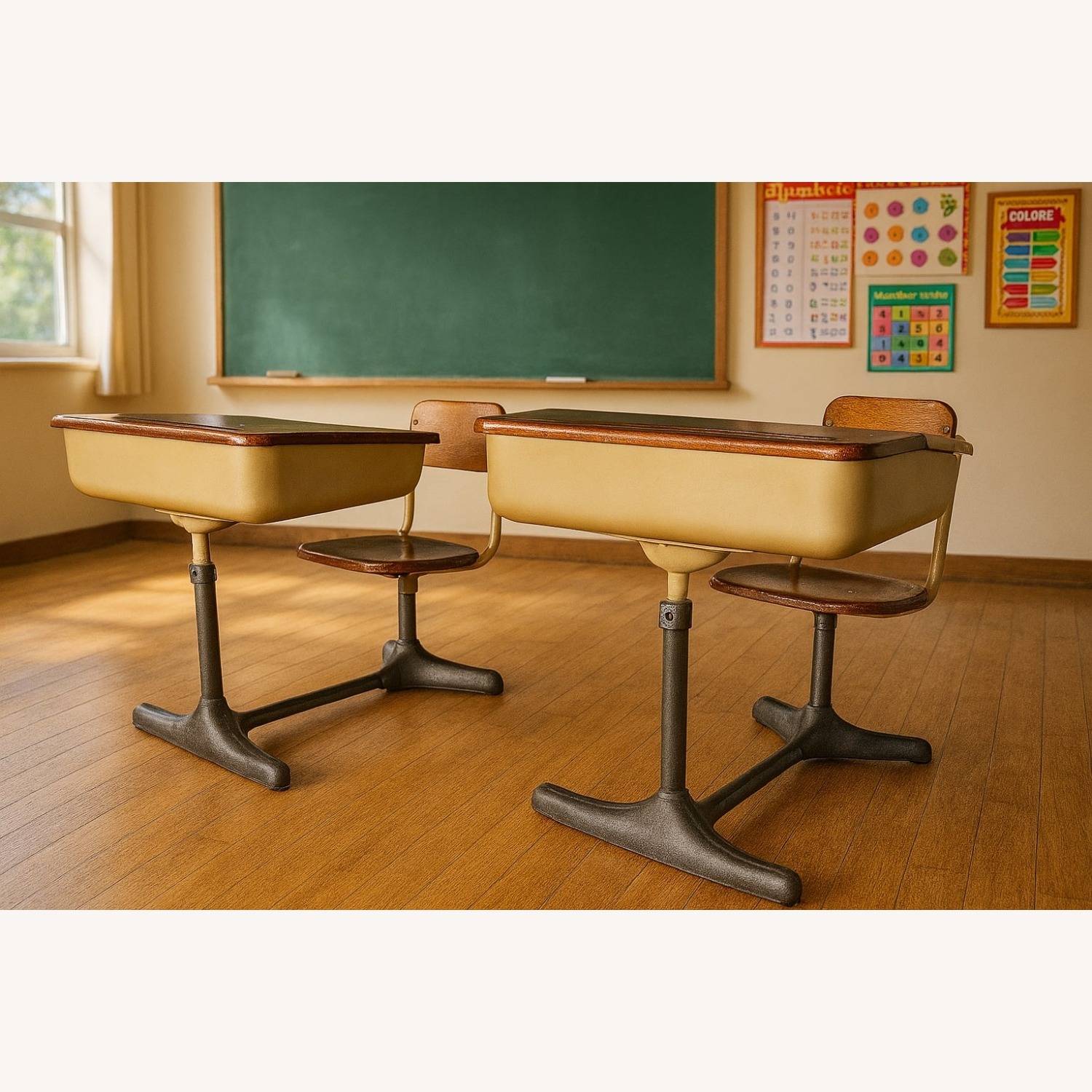 Mid-Century Cast Iron and Oak Swivel School Desks - image-13