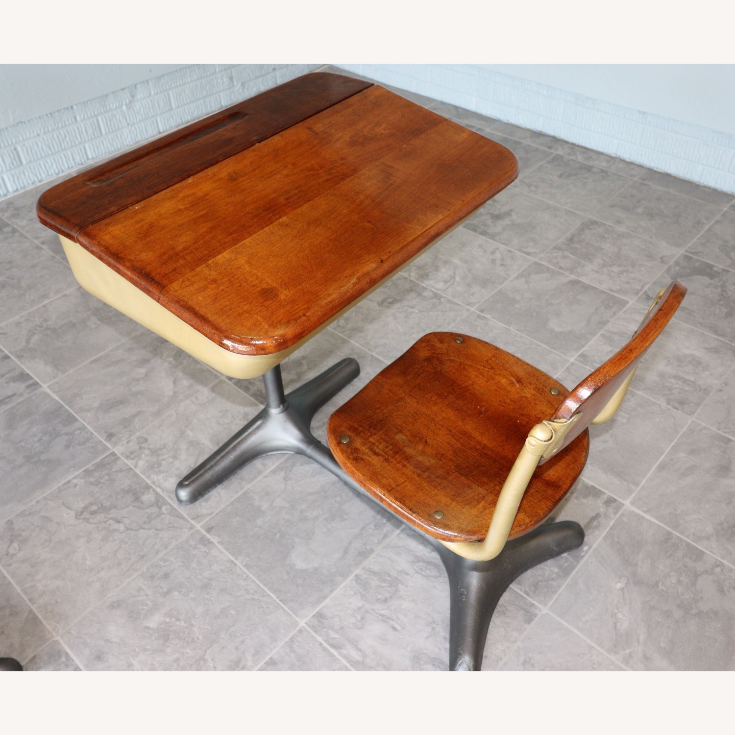 Mid-Century Cast Iron and Oak Swivel School Desks - image-10