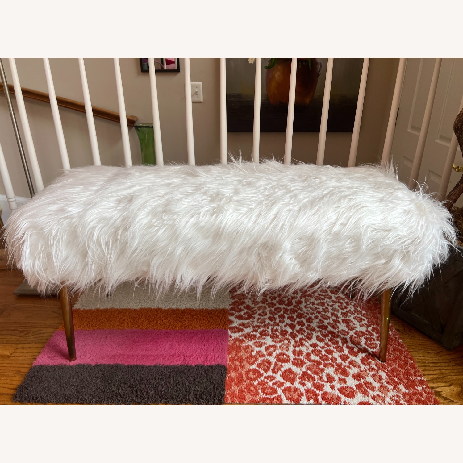 White Faux Fur Bench - image-1