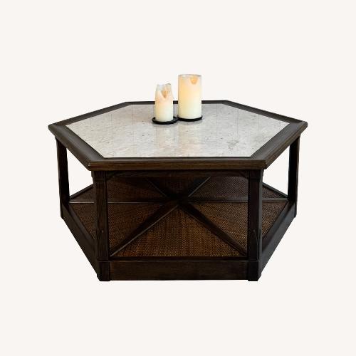 Used Warsaw Solid Oak Coffee Table with Travertine Top  for sale on AptDeco