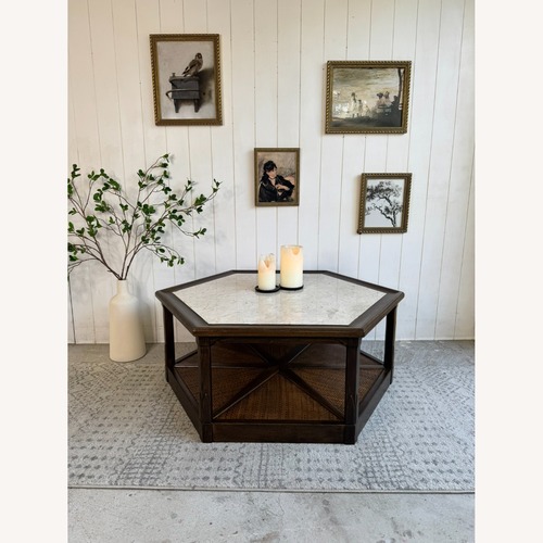 Used Warsaw Solid Oak Coffee Table with Travertine Top  for sale on AptDeco