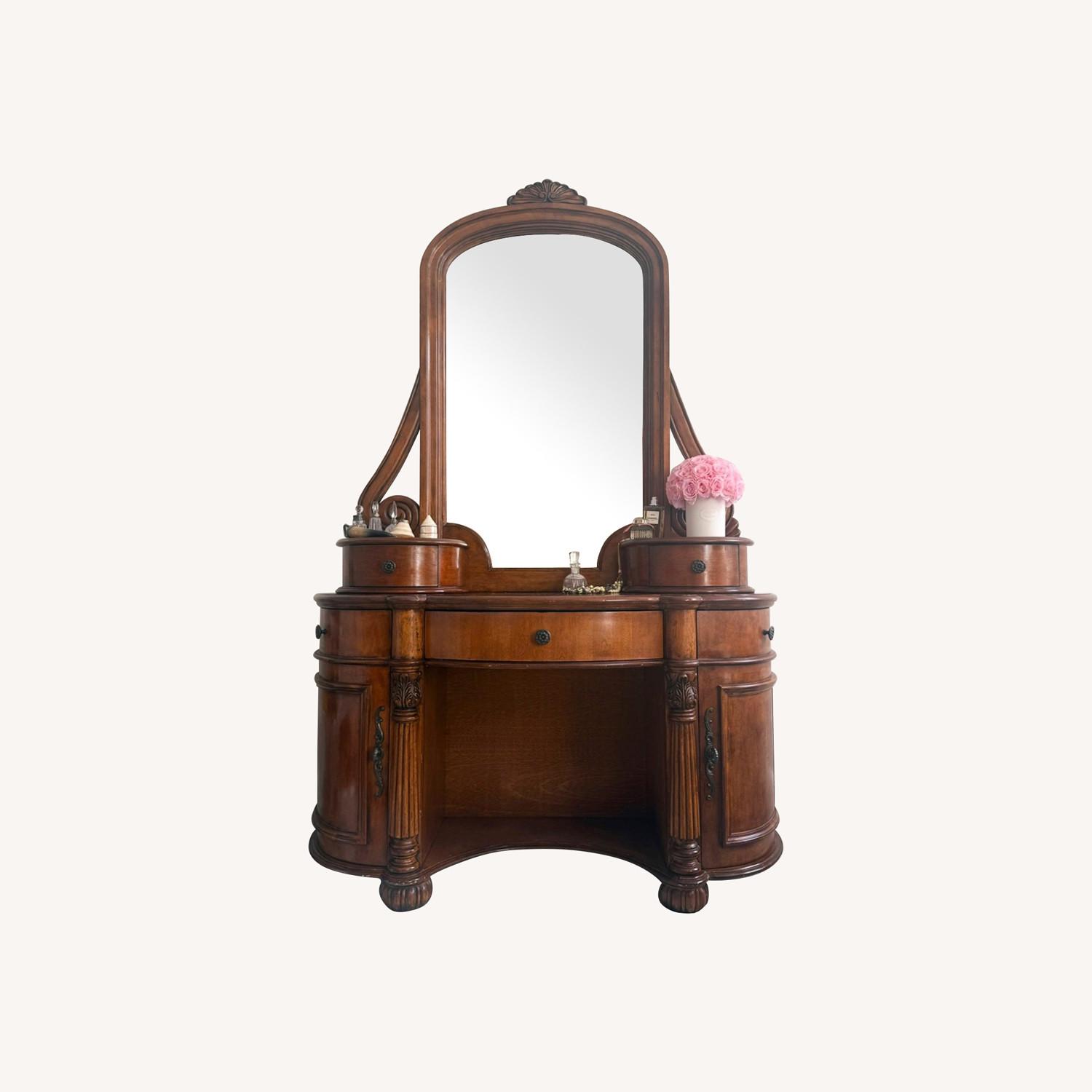 Vintage Wood Vanity + Mirror ~ Carved Details - image-0