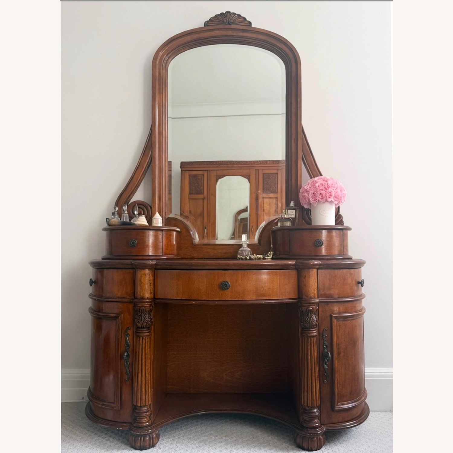 Vintage Wood Vanity + Mirror ~ Carved Details - image-1