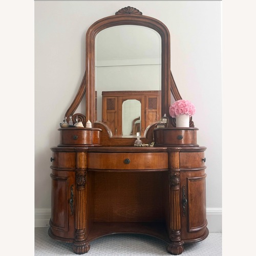 Used Vintage Wood Vanity + Mirror ~ Carved Details for sale on AptDeco
