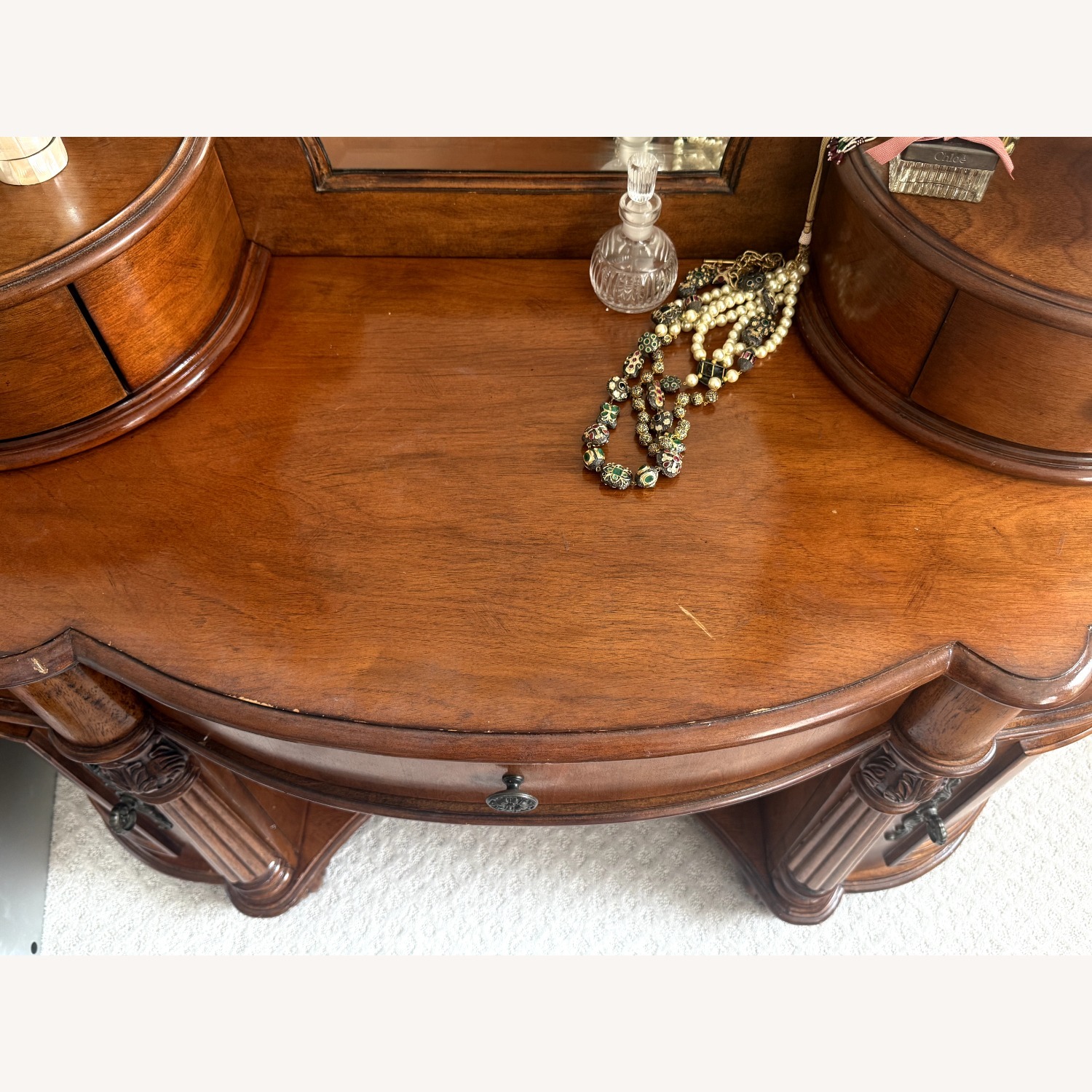 Vintage Wood Vanity + Mirror ~ Carved Details - image-4