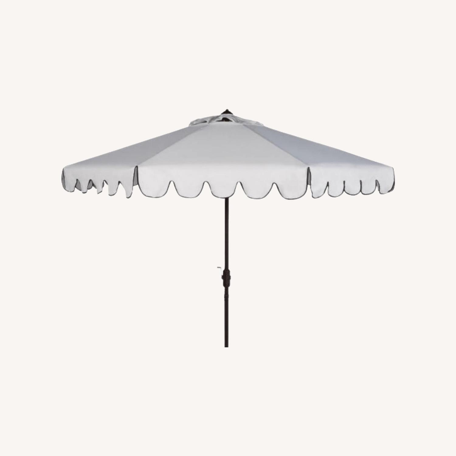 White Scalloped Outdoor Umbrella With Base - image-0