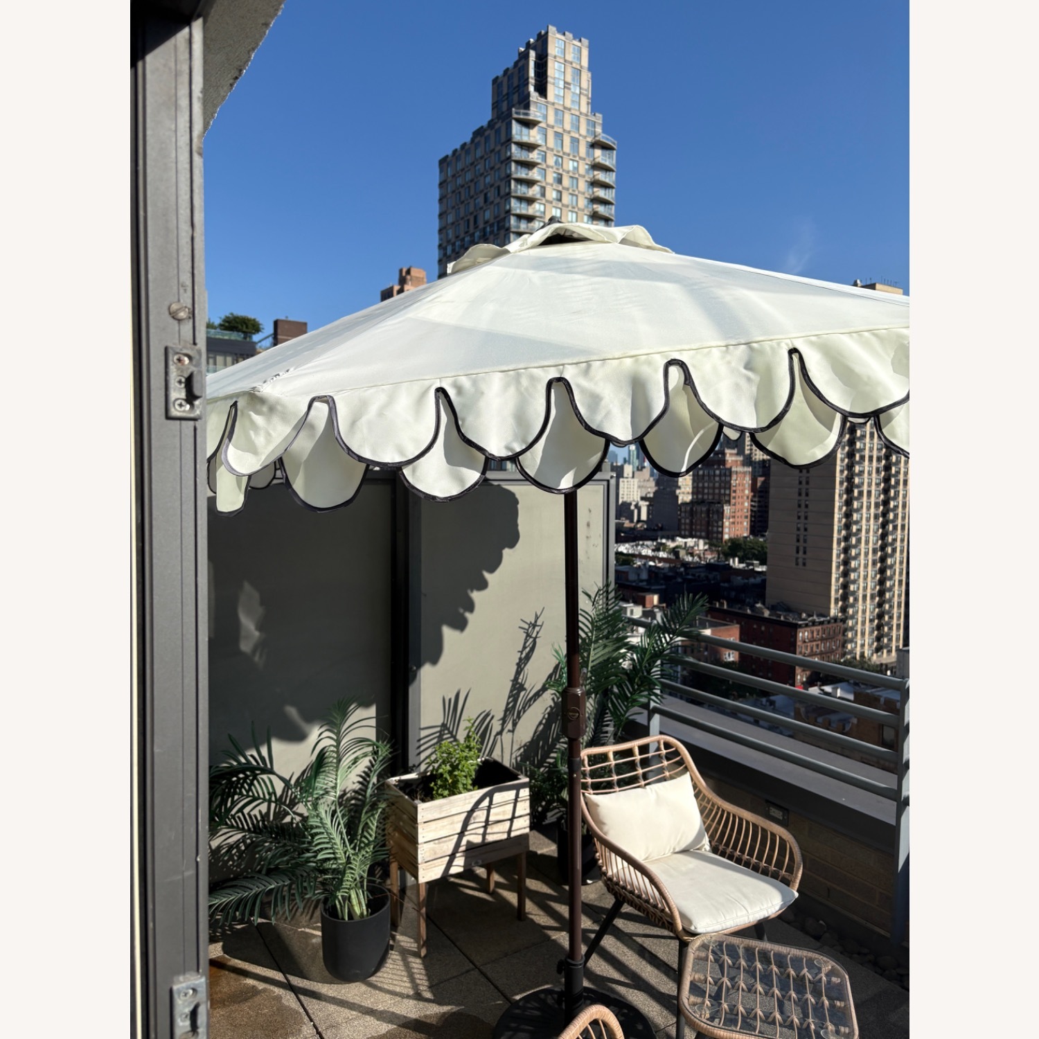 White Scalloped Outdoor Umbrella With Base - image-3