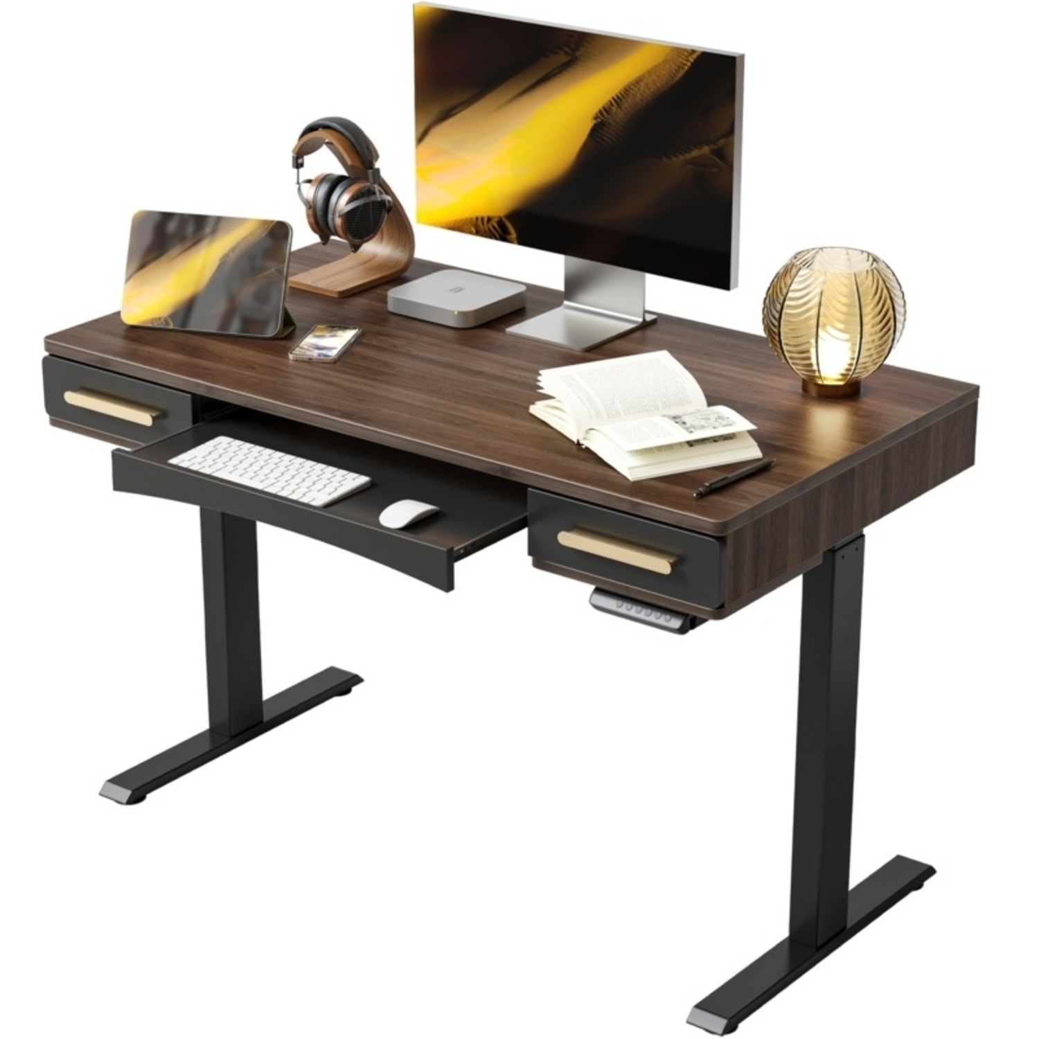 Beyda Sit-stand Desk Dark Walnut Gold Hardware - image-0